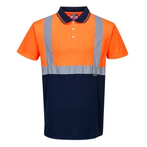 A high-visibility orange polo shirt featuring retroreflective tape panels, suitable for a wide range of outdoor and site work applications.