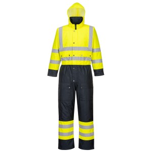 A high-visibility yellow coverall featuring retroreflective tape panels, suitable for a wide range of outdoor and site work applications.