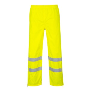 A pair of high-visibility yellow trousers featuring retroreflective tape panels, a breathable membrane, suitable for a wide range of outdoor and site work applications.