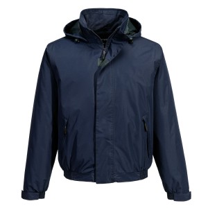 A navy blue jacket designed for use on construction sites and in industrial work environments.,