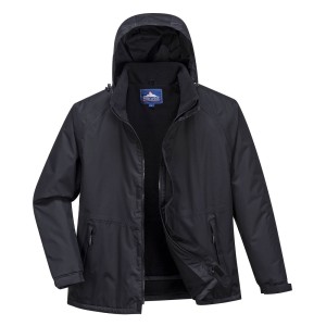 A black jacket designed for use on construction sites and in industrial work environments.,