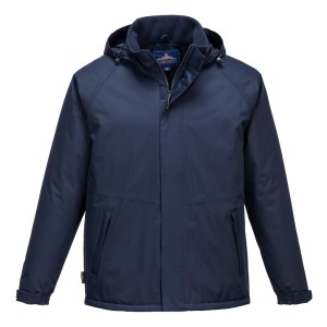 A navy blue jacket designed for use on construction sites and in industrial work environments.,