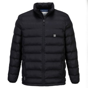 A black jacket designed for use on construction sites and in industrial work environments.,