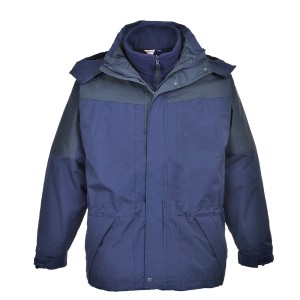 A navy blue jacket designed for use on construction sites and in industrial work environments.,