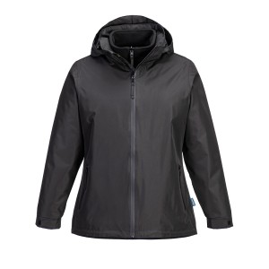 A women's black jacket designed for use on construction sites and in industrial work environments.,
