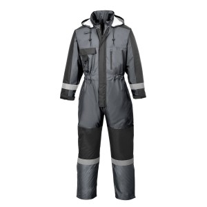 A grey coverall designed for use on construction sites and in industrial work environments.,