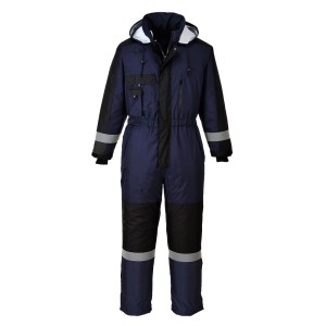 A navy blue coverall designed for use on construction sites and in industrial work environments.,