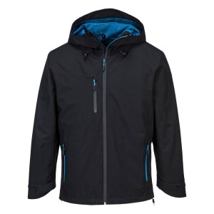 A black waterproof jacket designed for use on construction sites and in industrial work environments.,
