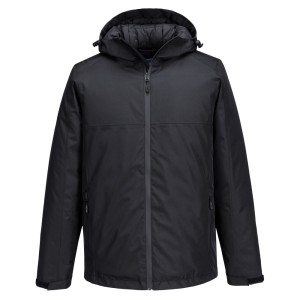 A black jacket designed for use on construction sites and in industrial work environments.,