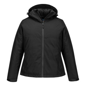 A women's black jacket designed for use on construction sites and in industrial work environments.,