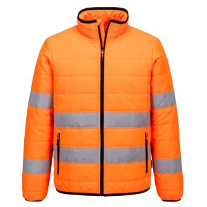 A high-visibility orange jacket featuring retroreflective tape panels, suitable for a wide range of outdoor and site work applications.