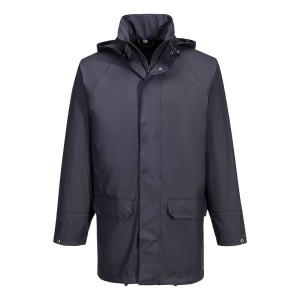 A navy blue jacket featuring stretch panels for ease of movement, suitable for a wide range of outdoor and site work applications.