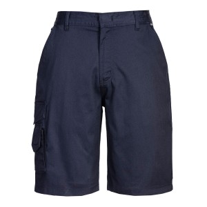 A women's navy blue workwear garment designed for use on construction sites and in industrial work environments.,