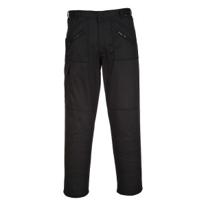 A pair of black work trousers designed for use on construction sites and in industrial work environments.,