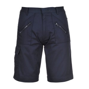 A navy blue workwear garment designed for use on construction sites and in industrial work environments.,