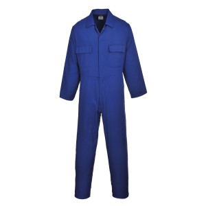 A blue coverall designed for use on construction sites and in industrial work environments.,