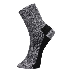 A pair of grey work socks with reinforced heel and toe, designed for comfort during extended wear in work boots.