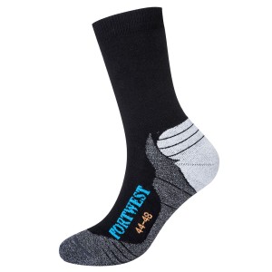 A pair of black work socks with reinforced heel and toe, designed for comfort during extended wear in work boots.