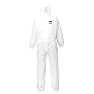 A white coverall designed for use on construction sites and in industrial work environments.,