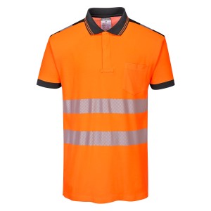 A high-visibility orange polo shirt featuring retroreflective tape panels, suitable for a wide range of outdoor and site work applications.