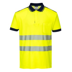 A high-visibility yellow polo shirt featuring retroreflective tape panels, suitable for a wide range of outdoor and site work applications.