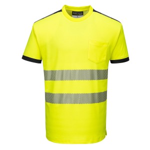 A high-visibility yellow work shirt featuring retroreflective tape panels, suitable for a wide range of outdoor and site work applications.