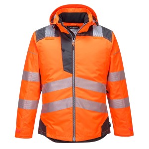 A high-visibility orange jacket featuring retroreflective tape panels, suitable for a wide range of outdoor and site work applications.