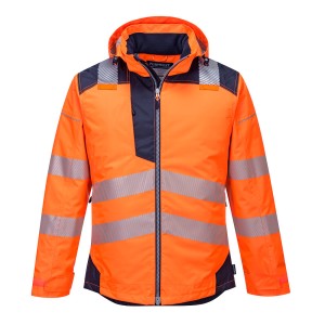 A high-visibility orange jacket featuring retroreflective tape panels, suitable for a wide range of outdoor and site work applications.