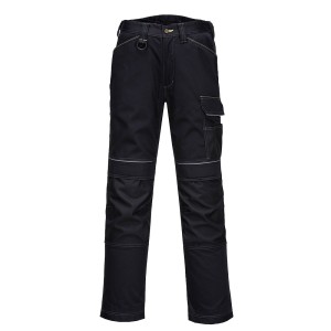 A pair of work trousers designed for use on construction sites and in industrial work environments.,