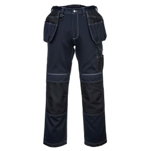 A pair of navy blue work trousers designed for use on construction sites and in industrial work environments.,