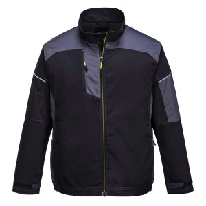 A black jacket designed for use on construction sites and in industrial work environments.,