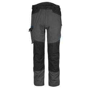 A pair of grey work trousers designed for use on construction sites and in industrial work environments.,