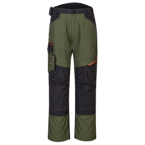 A pair of green work trousers designed for use on construction sites and in industrial work environments.,