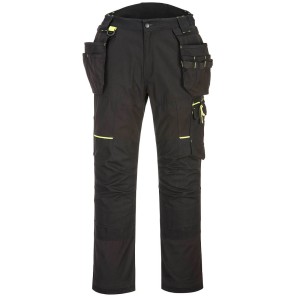 A pair of black work trousers featuring stretch panels for ease of movement, suitable for a wide range of outdoor and site work applications.
