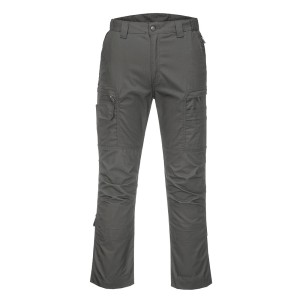 A pair of grey work trousers designed for use on construction sites and in industrial work environments.,