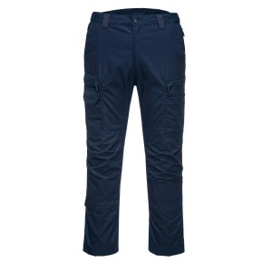 A pair of navy blue work trousers designed for use on construction sites and in industrial work environments.,