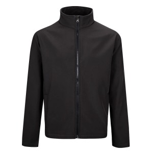 A black softshell jacket designed for use on construction sites and in industrial work environments.,