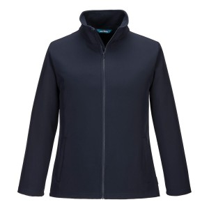 A women's navy blue softshell jacket designed for use on construction sites and in industrial work environments.,