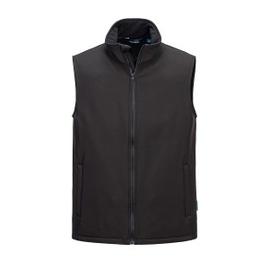 A black safety vest designed for use on construction sites and in industrial work environments.,