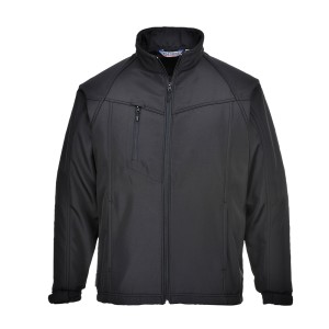 A black softshell jacket designed for use on construction sites and in industrial work environments.,