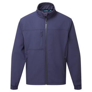 A navy blue softshell jacket designed for use on construction sites and in industrial work environments.,