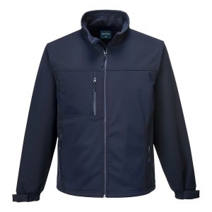 A navy blue softshell jacket designed for use on construction sites and in industrial work environments.,