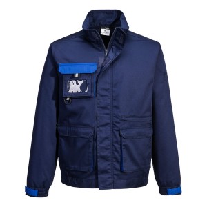 A navy blue jacket designed for use on construction sites and in industrial work environments.,