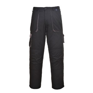 A pair of black work trousers designed for use on construction sites and in industrial work environments.,