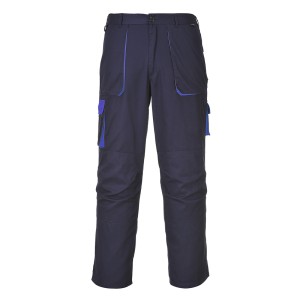 A pair of navy blue work trousers designed for use on construction sites and in industrial work environments.,