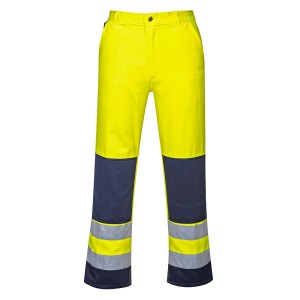 A pair of high-visibility yellow trousers featuring retroreflective tape panels, suitable for a wide range of outdoor and site work applications.