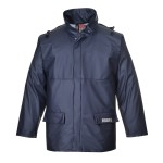 A navy blue jacket featuring flame-resistant fabric, suitable for a wide range of outdoor and site work applications.