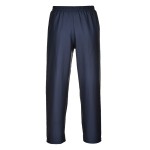 A pair of navy blue work trousers featuring flame-resistant fabric, suitable for a wide range of outdoor and site work applications.