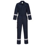 A navy blue coverall featuring stretch panels for ease of movement, flame-resistant fabric, suitable for a wide range of outdoor and site work applications.