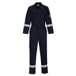 A navy blue coverall featuring stretch panels for ease of movement, flame-resistant fabric, suitable for a wide range of outdoor and site work applications.